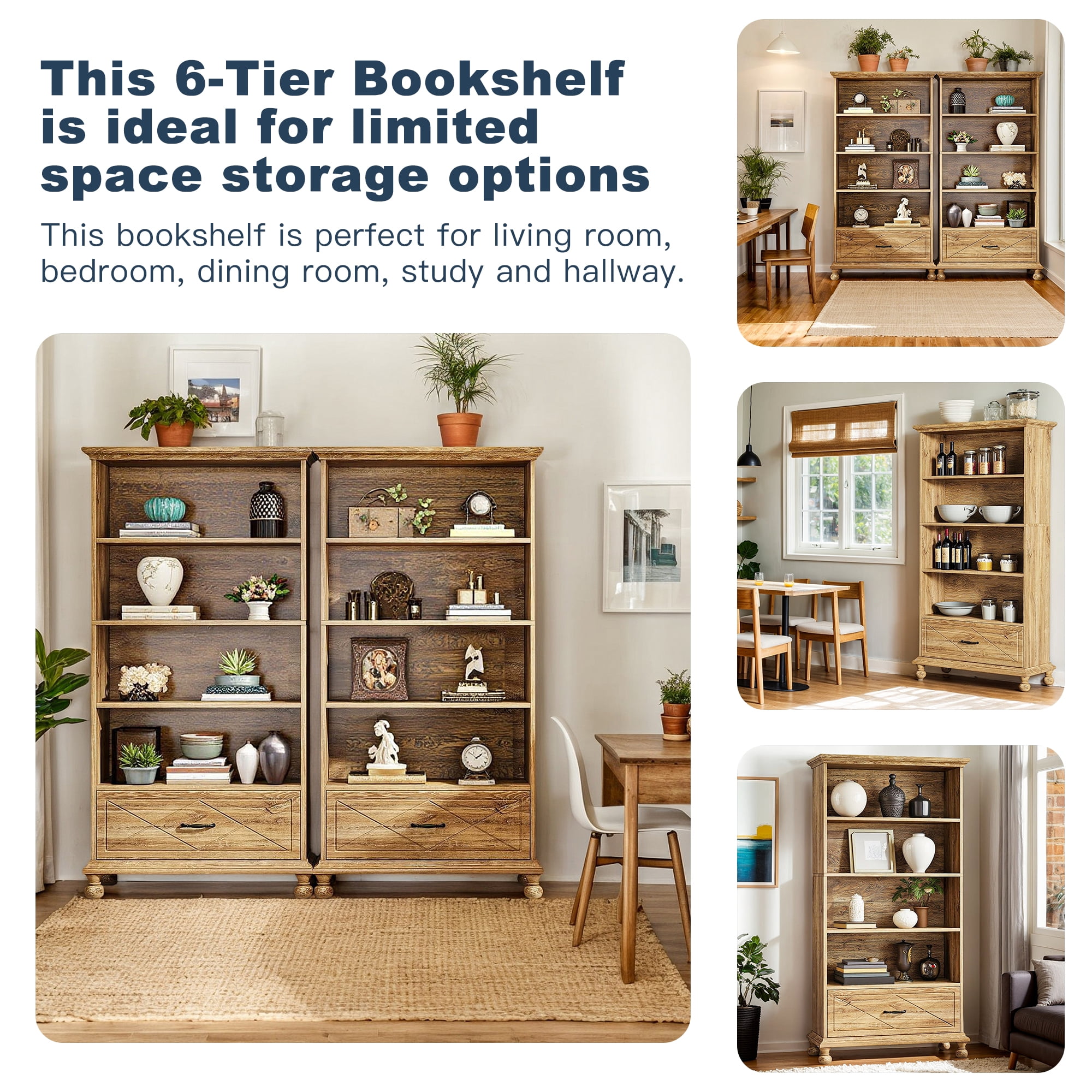 Demi Bonn 6-Shelf Bookcase with Drawer, 71" Bookshelf with Solid Wood Legs for Bedroom, Living Room, Brown