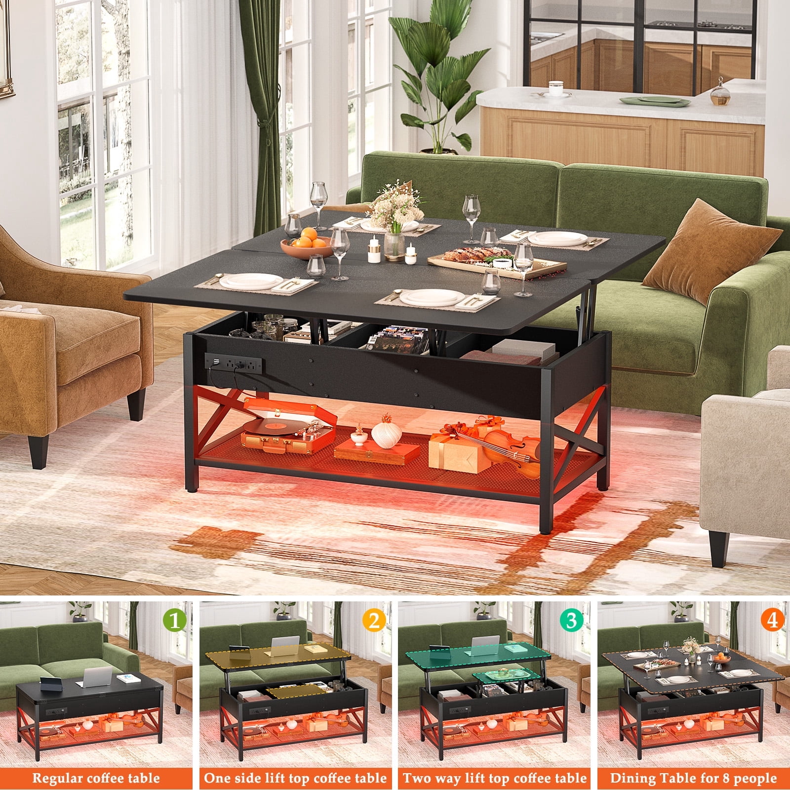 Homieasy Coffee Table Lift Top with LED Light and Power Outlet, Multi-Function Coffee Table Converts to Dining Table, Center Table with Shelves for Living Room Reception Home Office, Black