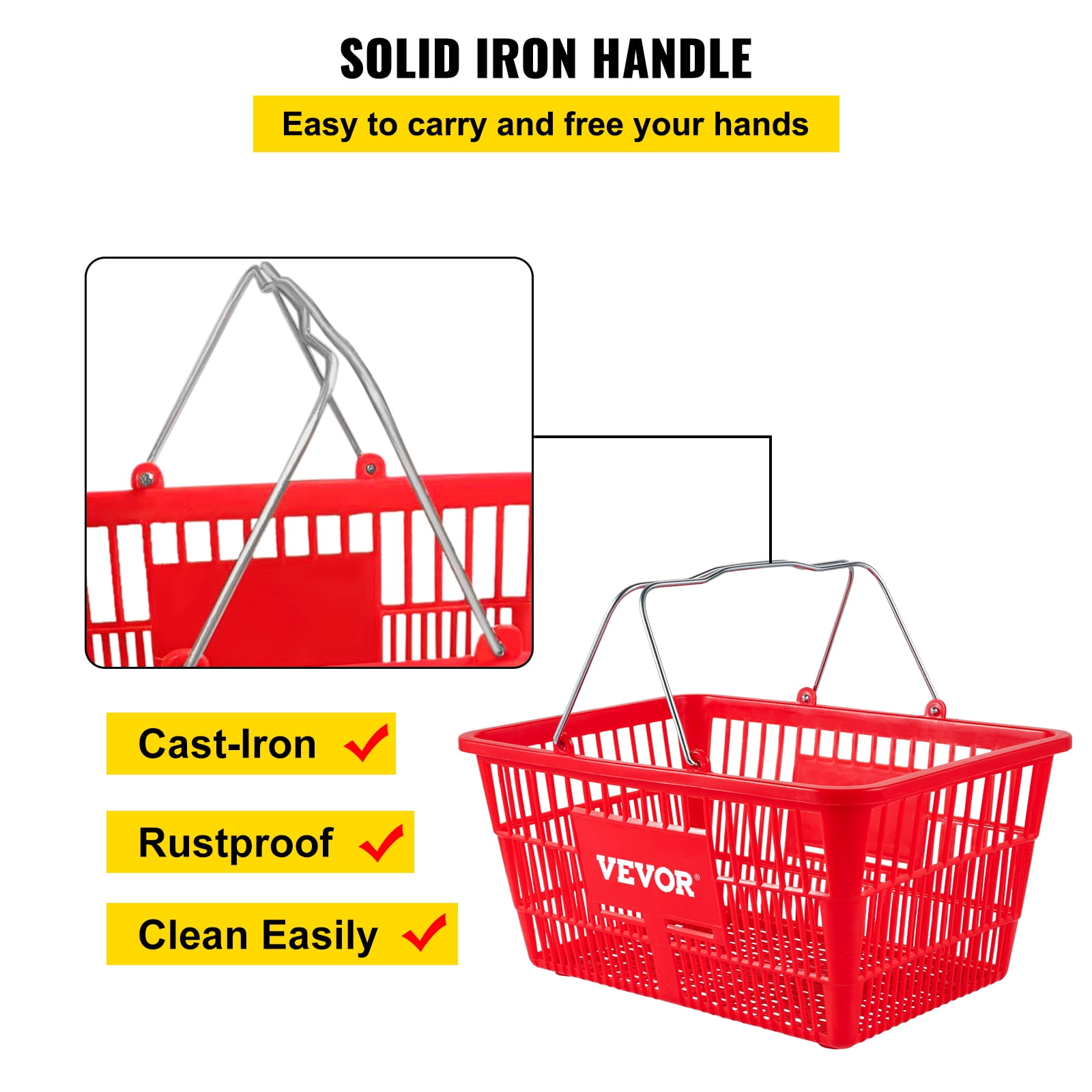 VEVOR Shopping Basket, 16.9 x 11.8 x 8.07 in/42.8 x 30 x 22 cm((L x W x H), Cast-Iron Handle and Stand, Set of 12 Store Baskets with Durable PE Material Used for Supermarket, Retail, Bookstore, Red