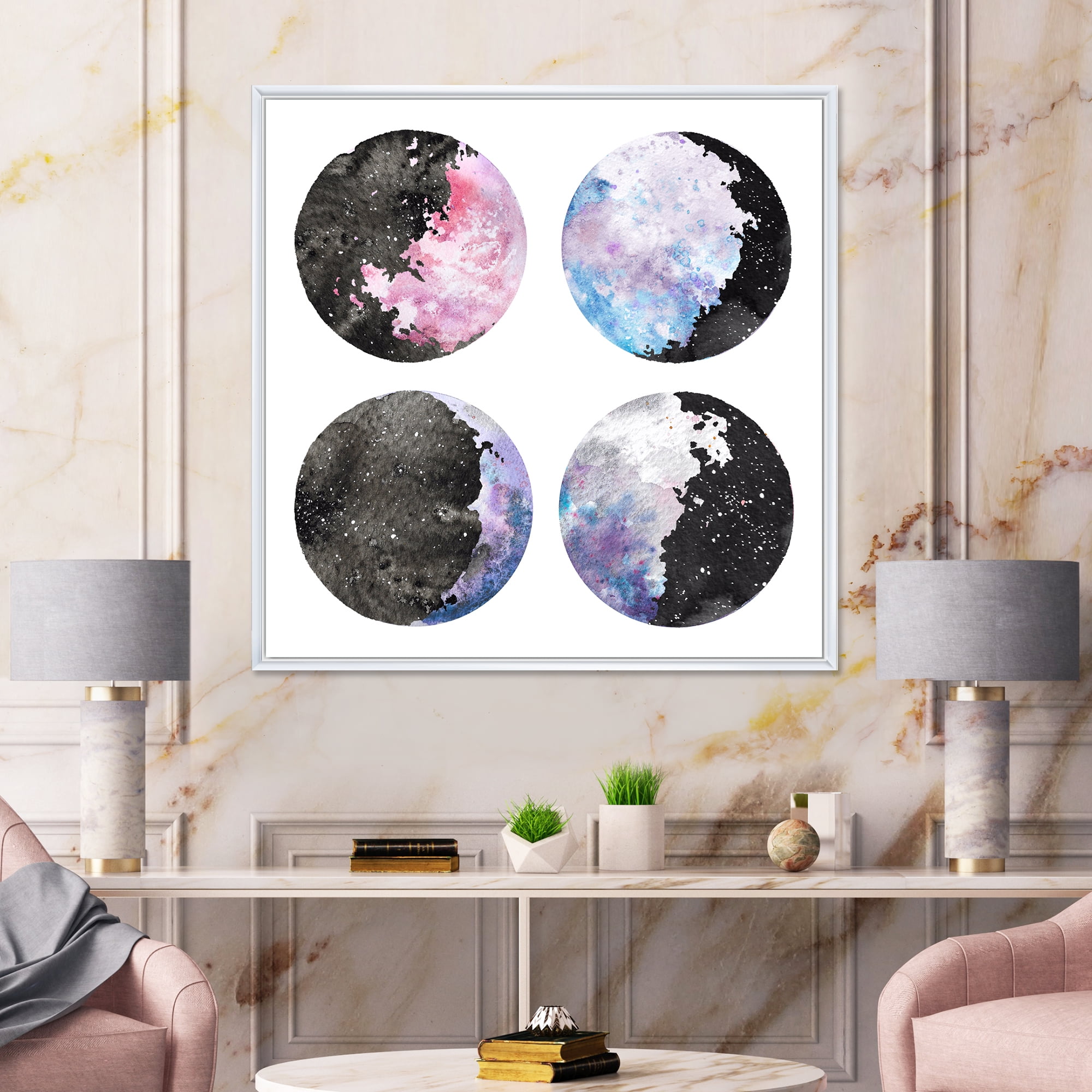 Designart 'Moon Phases With Sky and Stars' Bohemian & Eclectic Framed Canvas Wall Art Print