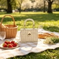 thumbnail image 4 of Woven Paper Box Handbag with Detachable Chain Strap - Lightweight Boho Straw Textured Tote Crossbody for Summer Beach Vacation,White, 4 of 6