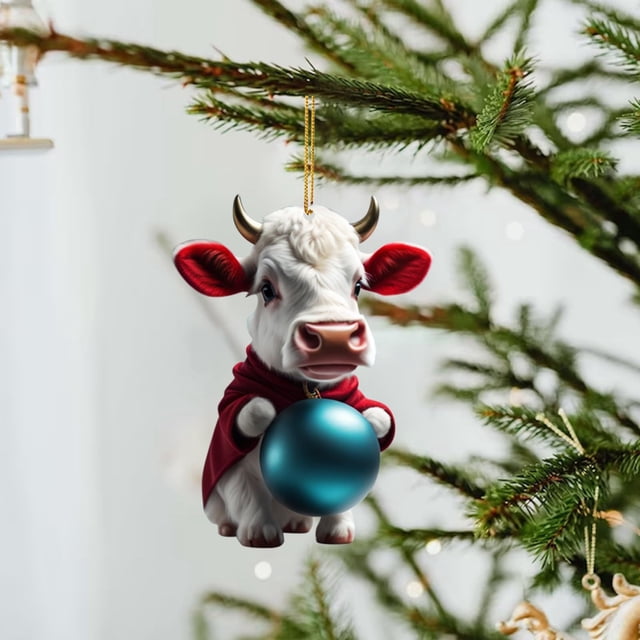 Fiudx Colgante de Toro Navideño, Diseño Acrílico 2D, Colorido Adorno para Árbol de Navidad, Regalo Dulce y Realista, Decoración para Fiestas, Uso En Interiores y Exteriores, 1 Unidad.