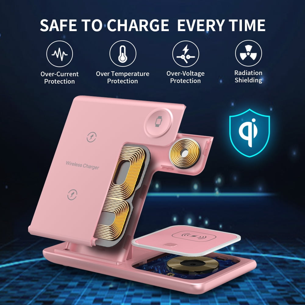 Wireless Charger,iPhone Charging Station for iPhone 16/15/14/13/12/11/Pro Max/Plus, 3 in 1 Wireless Charging Stand for iWatch SE 10/9/8/7/6/5/4/3, Airpods Pro/3/2 Pink