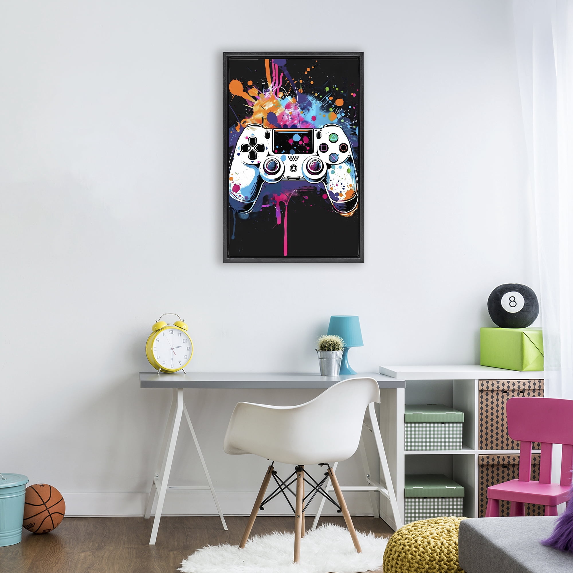 Stupell Industries Controller Contrast with Neon Splatter Black Framed Floater Canvas Wall Art, design by Creative Studio