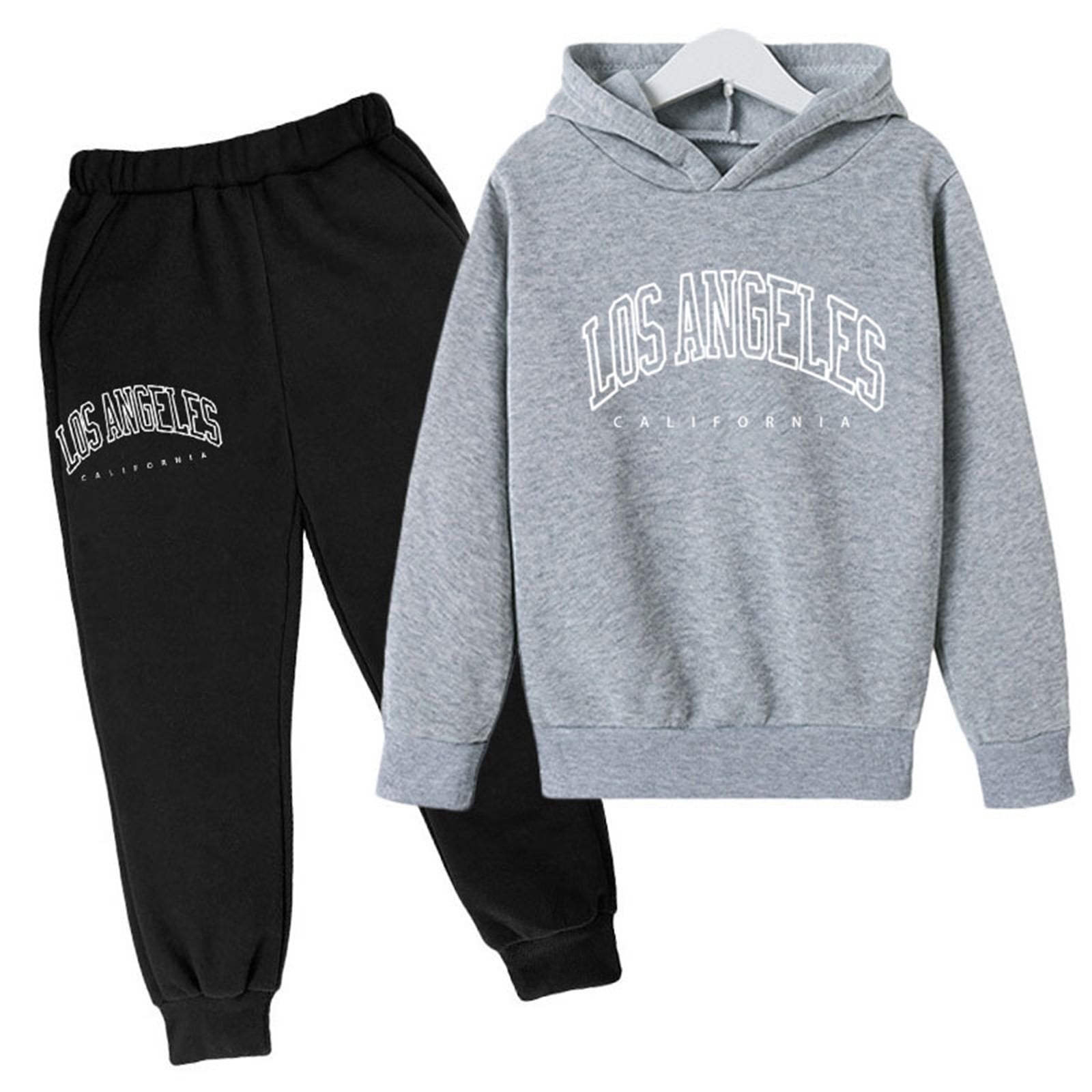 Women's 2 Piece Outfits Casual Los Angeles Letter Printed Long Sleeve Hoodie Pullover Sweatshirt Tracksuit Jogger Sweatpants Unisex Sweatsuit Set,Z2-Grey,4-5 Years