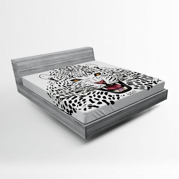 Ambesonne Black White Fitted Sheet, Angry Wild Leopard, Queen Size, Amber White and Black