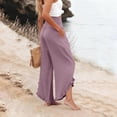 thumbnail image 4 of Wide Leg Linen Pants for Women Cropped Elastic Waist Ruffle Hem Beach Flowy Pants with Pockets Womens Spring Pant Dark Purple 2XL, 4 of 7