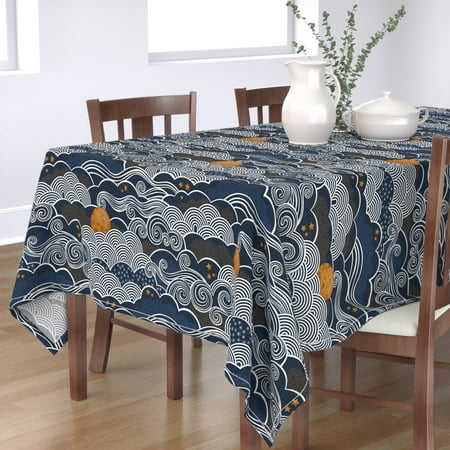 

Cotton Sateen Tablecloth 70 x 108 - Night Sky Moon Stars Clouds Blue Indigo Mustard Print Custom Table Linens by Spoonflower