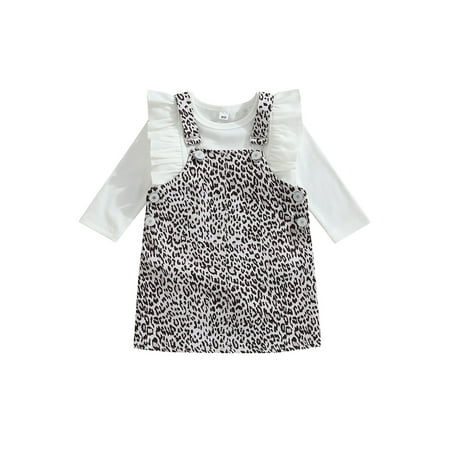 

CenturyX Kids Baby Girls Clothes Set Solid Long Sleeve Ruffle Romper Leopard Overall Suspender Skirt Clothes Leopard 12-18 Months
