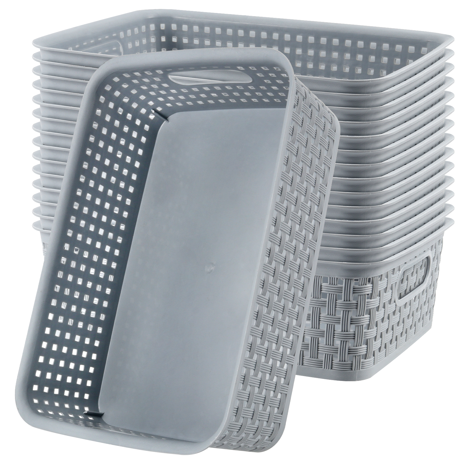 ZOENHOU 15 Pack Gray Plastic Storage Basket, Plastic Weave Basket