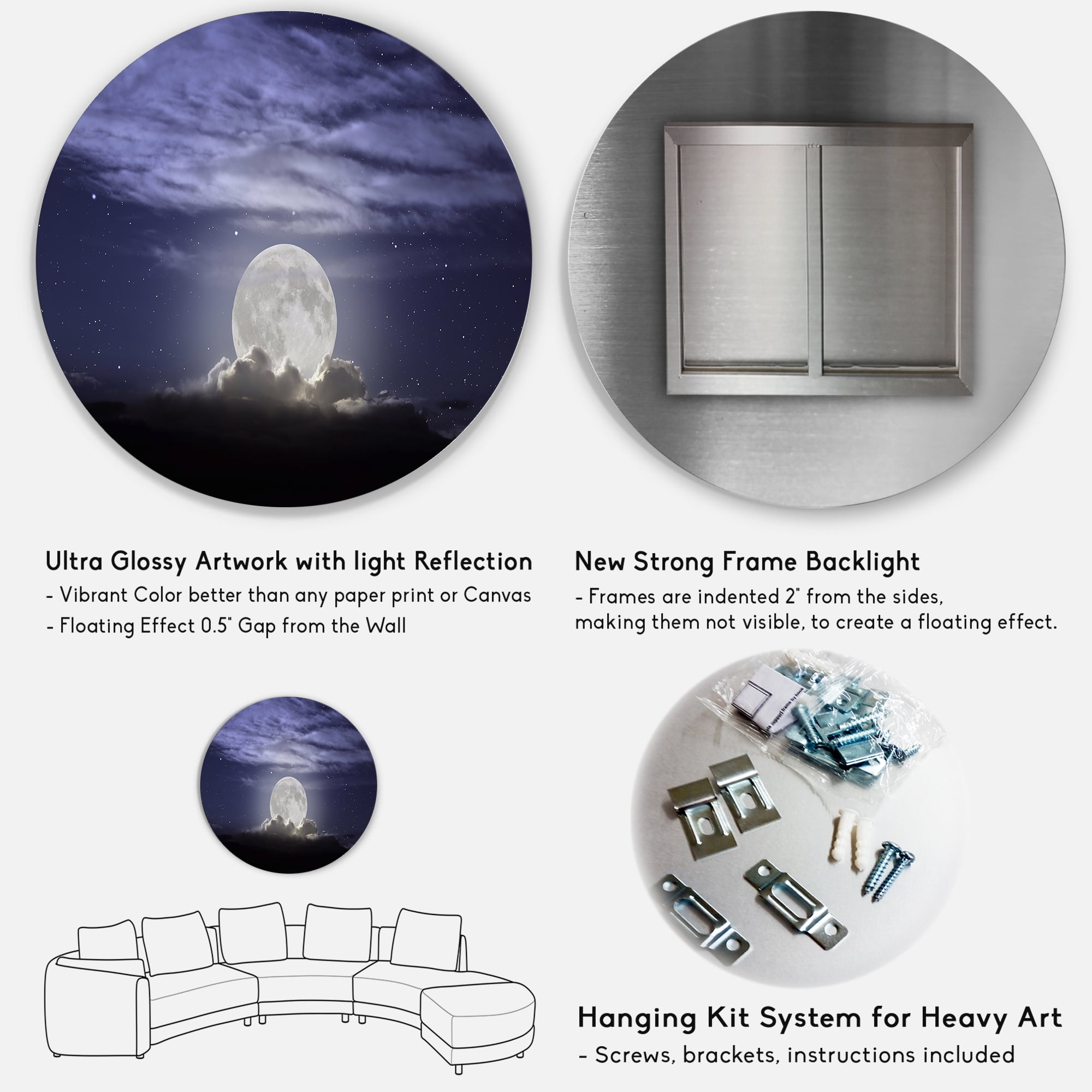 Designart 'Full Moon Rising In A Cloudy Night Sky' Nautical & Coastal Circle Metal Wall Art 36x36 - Disc of 36