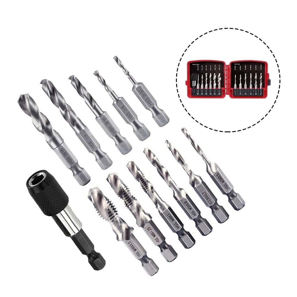 Clupup 13Pcs SAE/Metric Tap Drill Bit Set Hex Shank HSS Screw Thread Bit Compound Tap With Adapter M3 M5 M6 M8 M10 Hand Tools