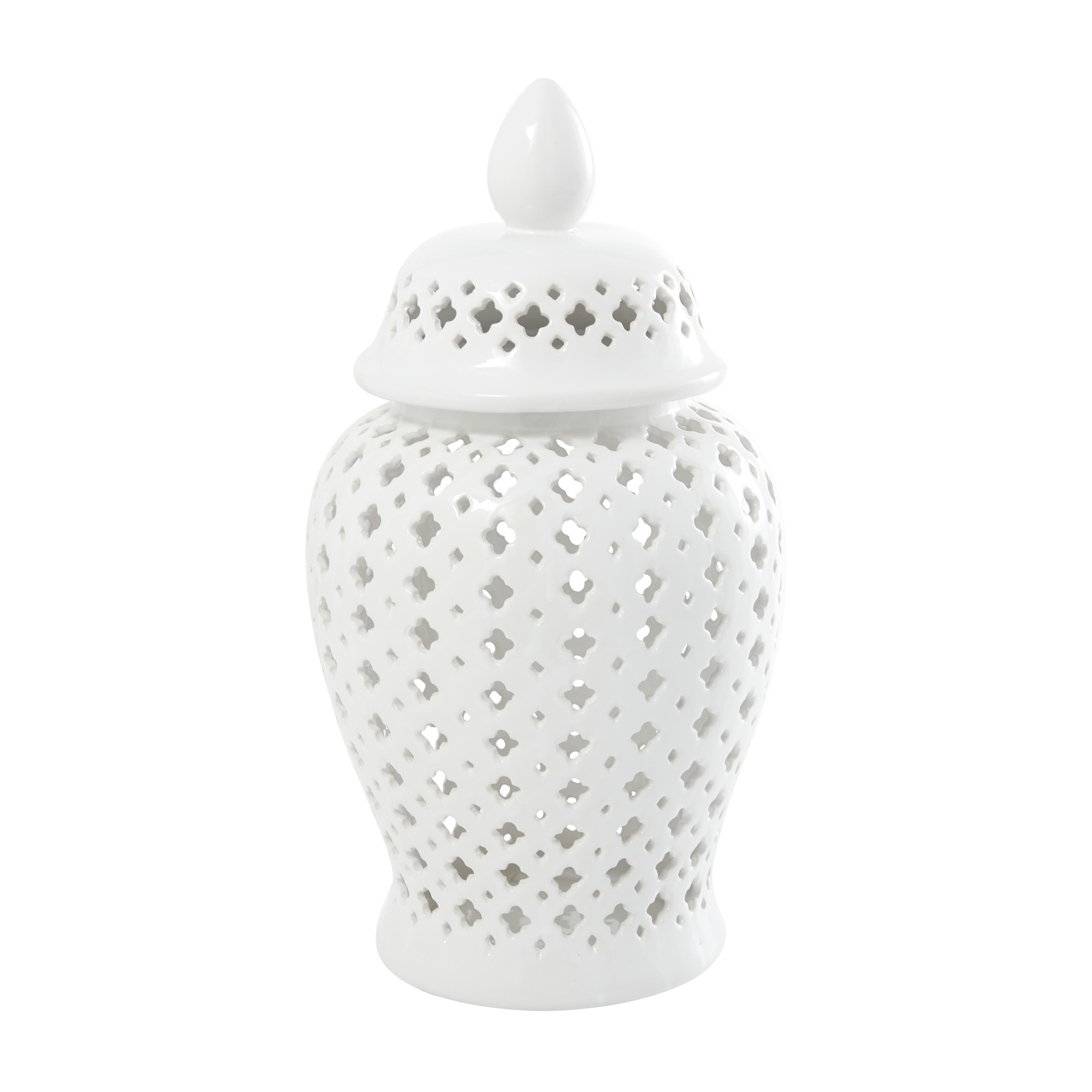 DecMode 9" x 18" White Ceramic Decorative Jars with Geometric Cutout Design and Lid, 1-Piece