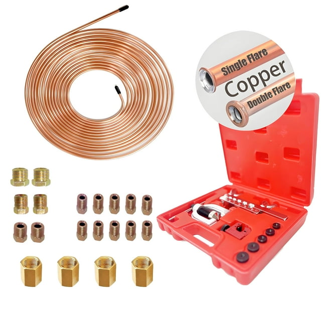 Professional Brake Line Flaring Tool Kit (3/16"-1/2") + 25ft Copper-Coated Steel Line - Double/Single Flare Tool with 16+4 Fittings, Cutter & Case for Automotive/HVAC