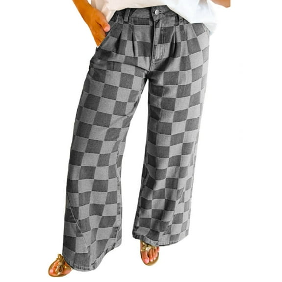 Women Print Baggy Wide Leg Jeans High Waisted Straight Leg Denim Pants Chessboard Pattern Jeans Black 6