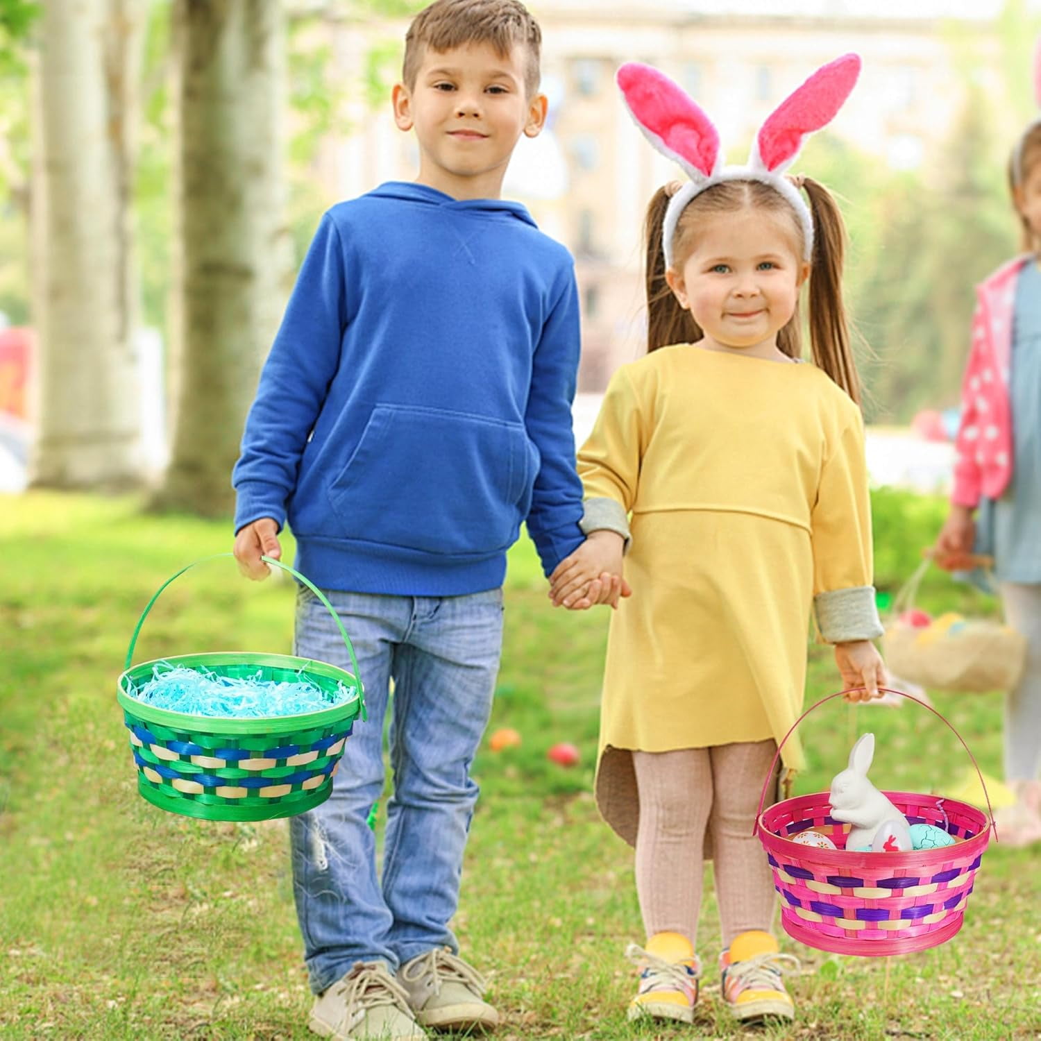 3Pcs Easter Woven Willow Baskets Set with 5 colors Paper Filler, Colorful Bamboo Handle Easter Basket, for Easter Decorations Party Gift
