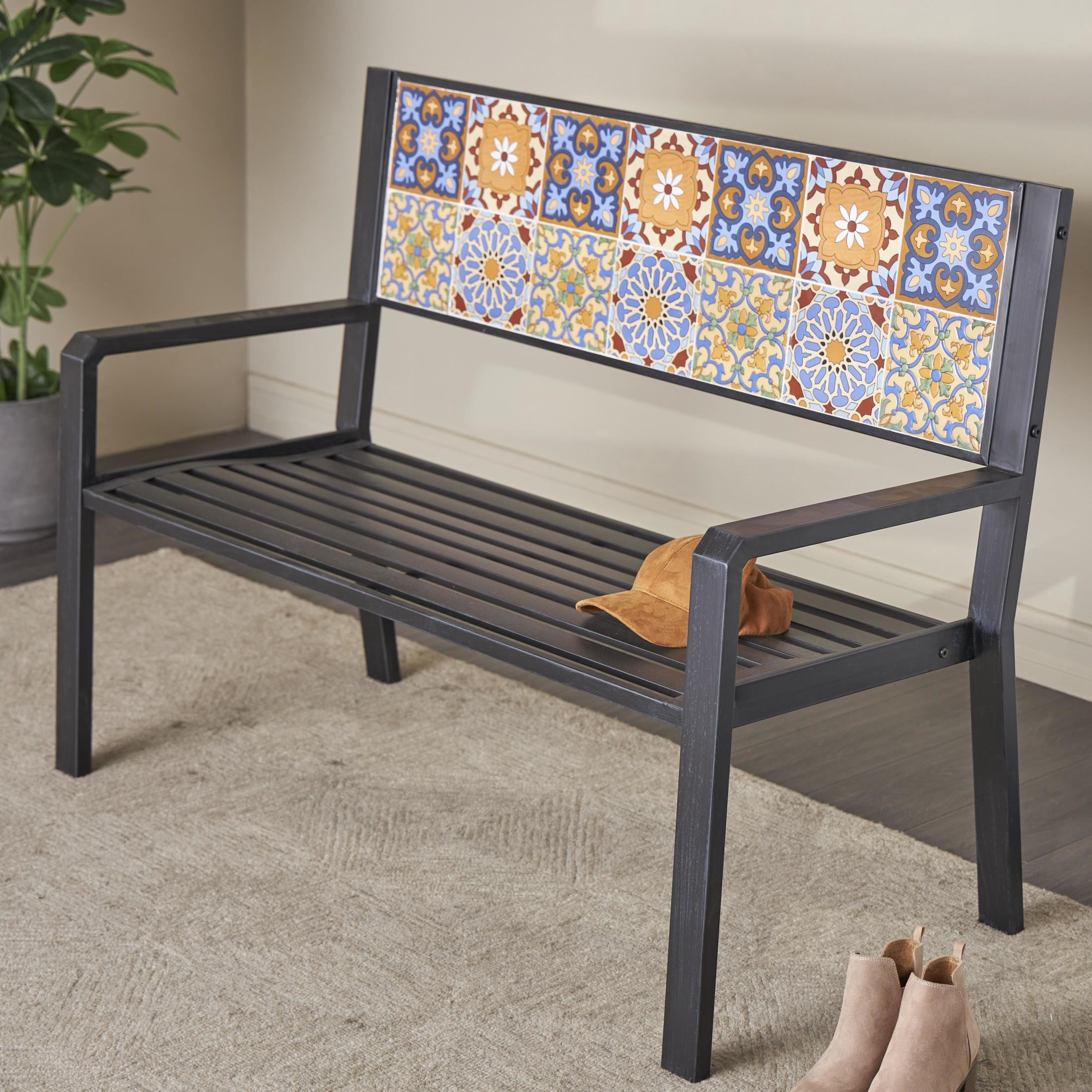 DecMode Metal Floral Scroll Mosaic Outdoor Bench with Orange and Blue Patterns, Black