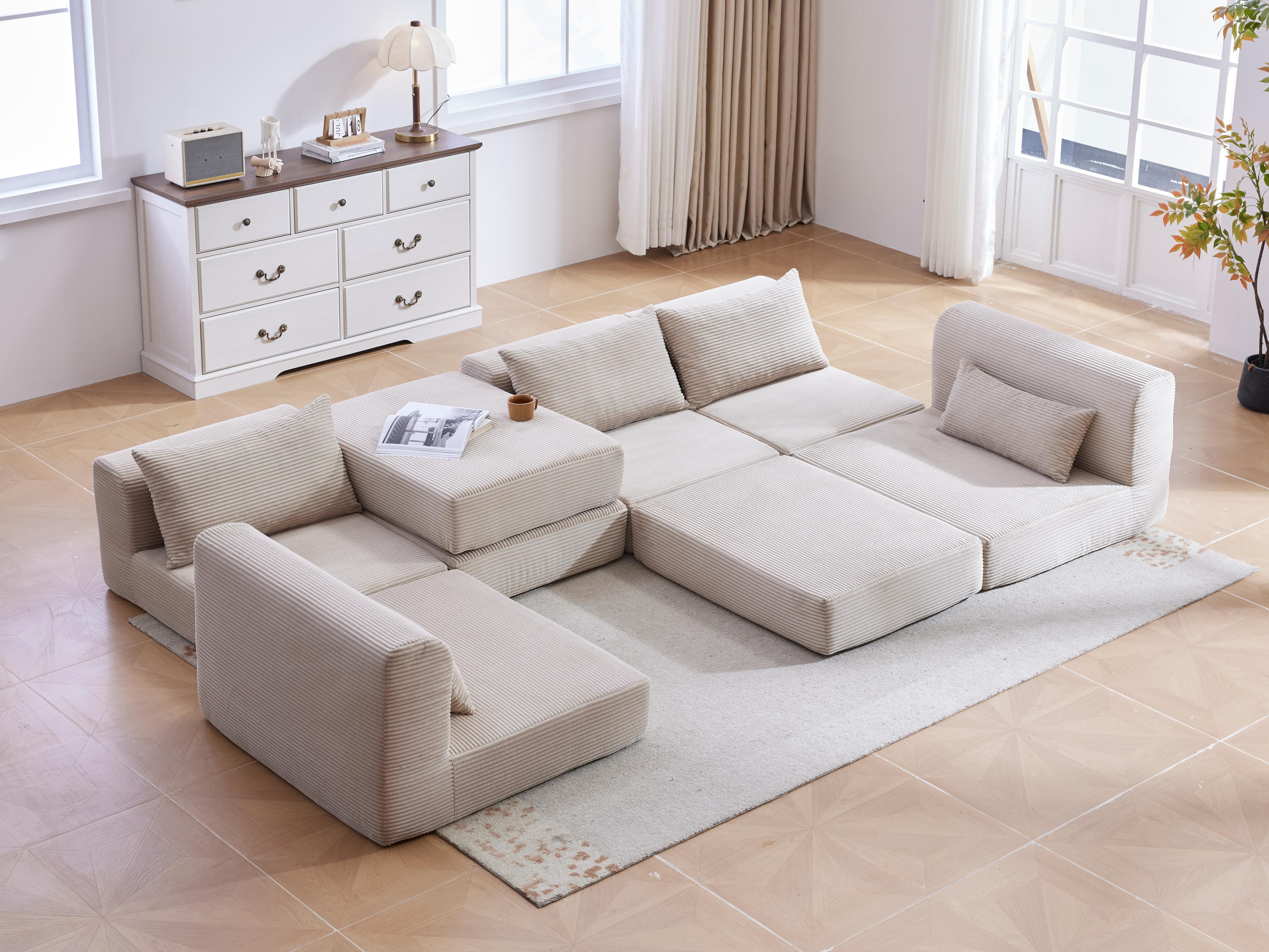 100-Inch L-Shaped Modular Sectional Sofa Couch Set with 5 Pillows, Corduroy Convertible Floor Sofa with High-Density Spring Foam for Living Room Apartment, Camel