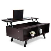 Coffee Table Lift Top with Hidden Storage and Shelves, 23 inches Pop-Up Tabletop Dining Table for Office Reception, Coffee Desk with Compartment for Living Room, Brown 