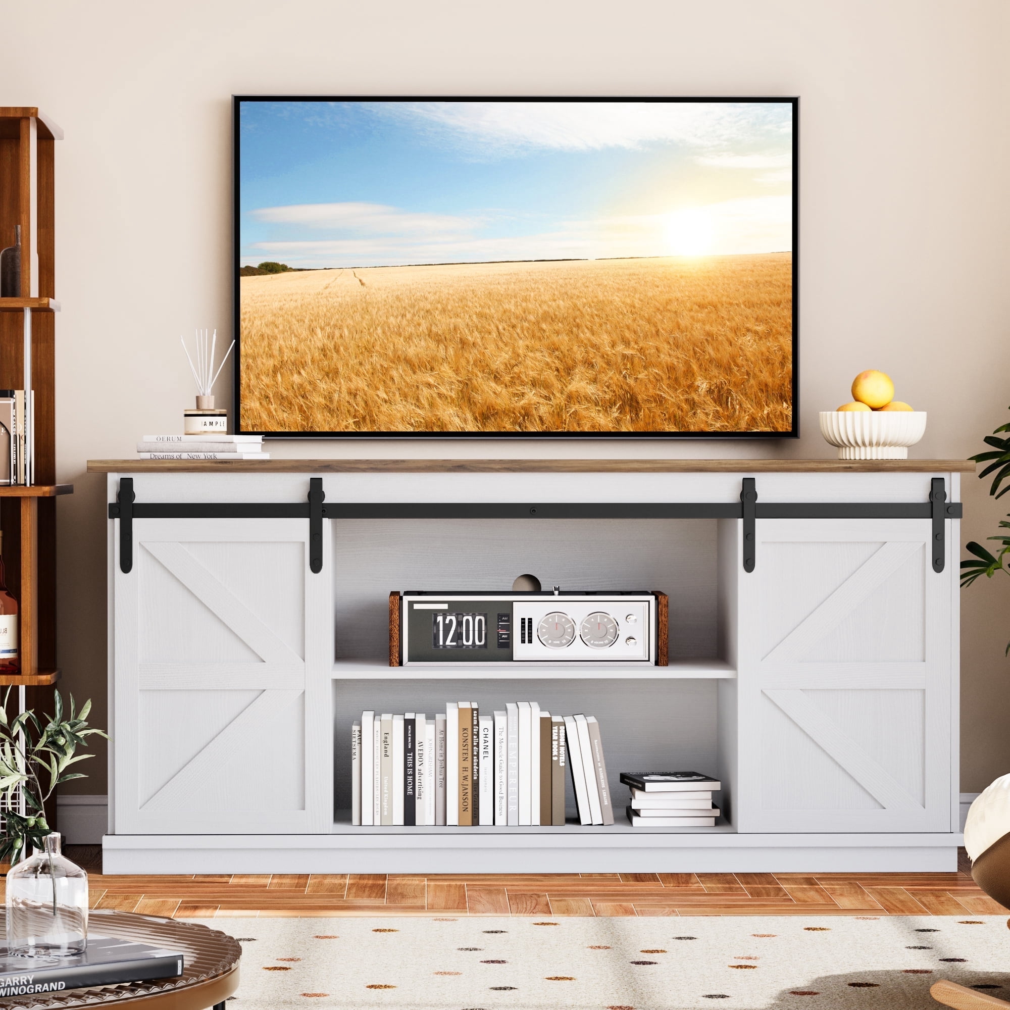 Homall 58'' TV Stand for TVs up to 65'', Storage Cabinet with Sliding Barn Door, Entertainment Center, White