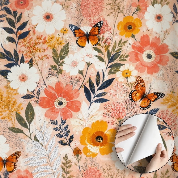 Vintage Floral Butterfly Wallpaper Boho Farmhouse Peel and Stick Wallpaper Waterproof Self Adhesive Wall Decoration for Bedroom Living Room Bathroom Kitchen Cabinet Drawer 17.7 * 196.7 in