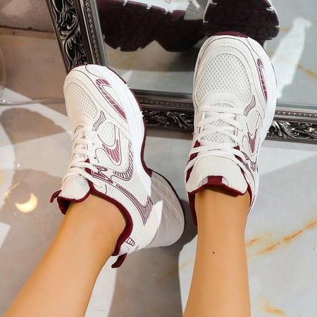 Women Casual Sneakers Chunky Lace-Up Round Toe Mixed Material Breathable College Style Student Hiking Outdoor Commuting Shoes 2026
