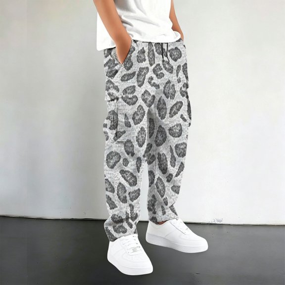 XIYON Boys Pants Leopard Print Cargo Pants Casual Straight Leg Trousers with Pockets for Outdoor Play 9-10 Years
