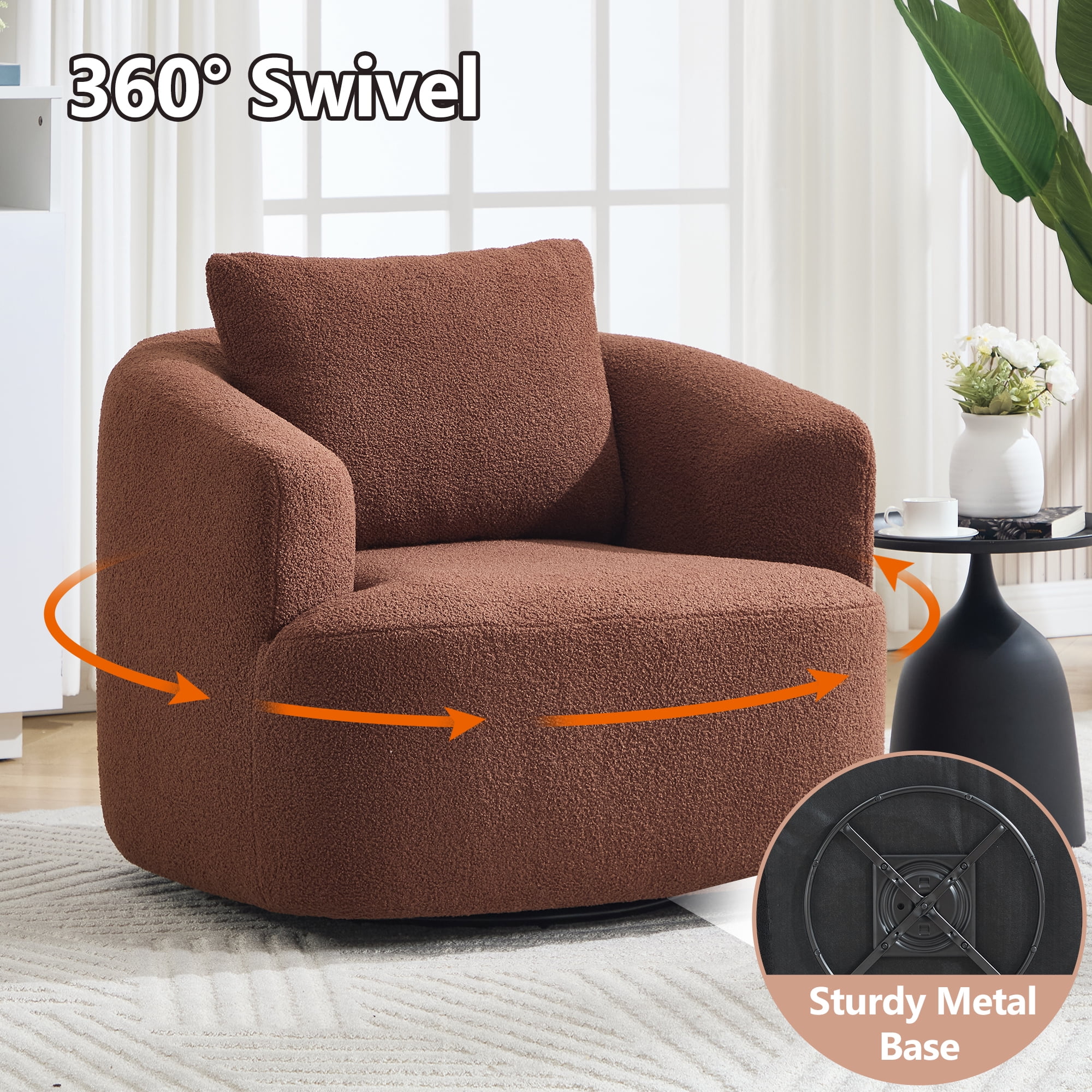 Swivel Accent Chair,360° Round Upholstered Armchair with One Soft Pillow,Teddy Fleece High-Resilience Sponge Single Sofa for Living Room, Bedroom, Apartment,No Assembly,Brown