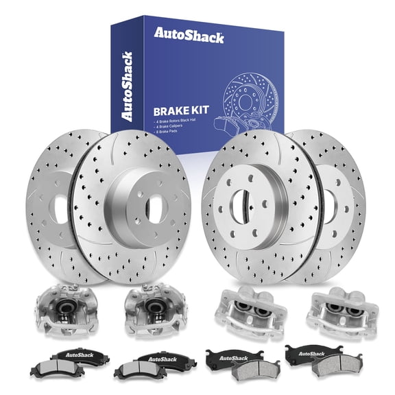AutoShack Front Vented & Rear Vented Drilled & Slotted Silver Zinc Coated Brake Rotors   Ceramic Pads   Calipers 16-PC Brake Kit Replacement for 2000-2001 GMC Yukon XL 1500 SilverShield Pro