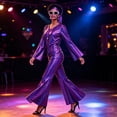 thumbnail image 4 of Shiny Stage Performance Costume, 70s Disco Metallic Shiny Two Piece Outfit, Bell Sleeve V Neck Top & Flare Pants for Halloween Retro Party Cosplay, Multi Color Glossy Costume Set, Rose Gold L, 4 of 5