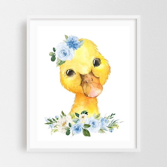 Duck, Farm Animals, Barn Animals, Barnyard, Blue Flowers, Boy Nursery - Illustration Watercolor Animal Floral Whimsical White Framed Wall Art Print 16 x 20 inches