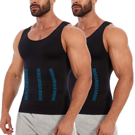 MANIFIQUE 2 Packs Compression Shirts for Men Gynecomastia Tank Tops Body Shaper Vest Slimming Base Layer Belly Control Undershirt