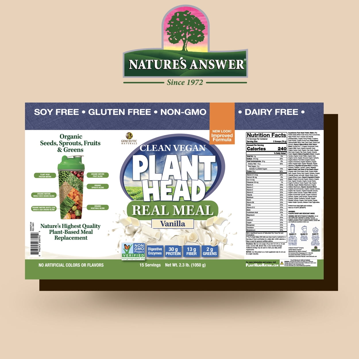 Nature's Answer Plant Head Real Meal Vanilla 30 g Plant Protein Powder 2.3 lb, Clean Vegan Meal Shake, Non-Dairy, Gluten-Free, Low Sugar