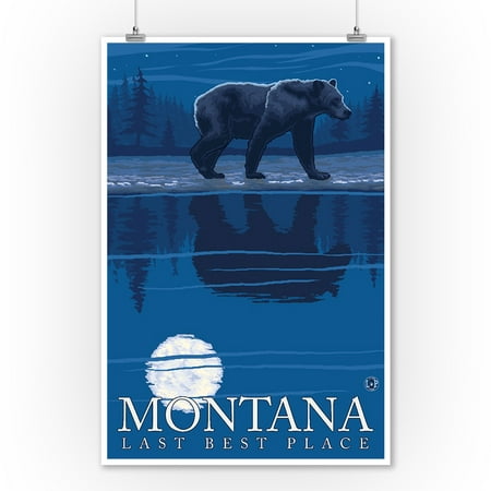 Montana, Last Best Place - Bear in Moonlight - Lantern Press Artwork (9x12 Art Print, Wall Decor Travel (Best Place To Get Art Supplies)