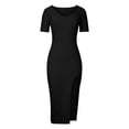 thumbnail image 4 of Womens Short Sleeve Midi Bodycon Dress V Neck Knit Ribbed Summer Split Pencil Dress Plain Elegant Party Dress, 4 of 7