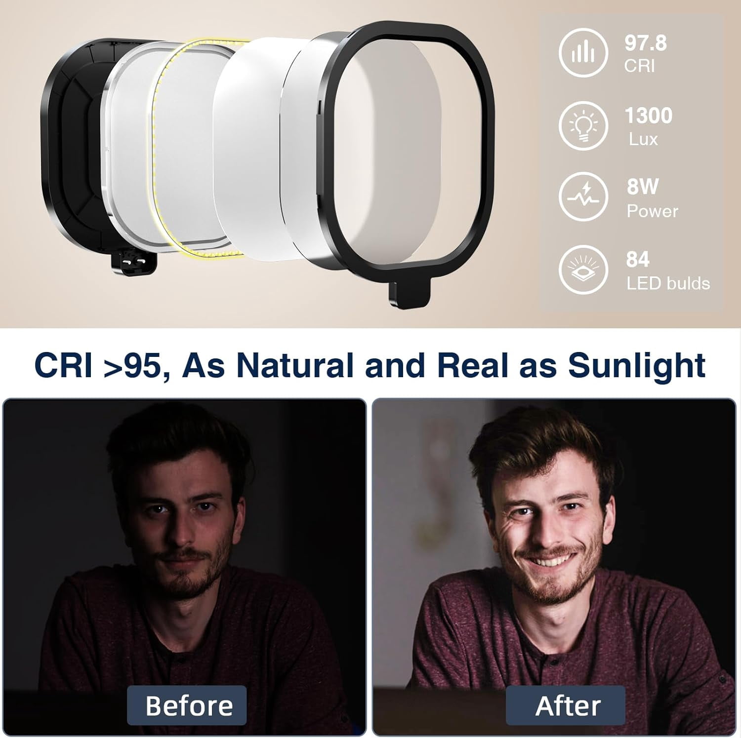 2Pcs Desktop Video Conference Lighting for  Meeting, Computer, Laptop, Work from Home with Nature Soft Light, Adjustable Brightness & Color Temp and Flexible Stand & Versatile Phone Holder