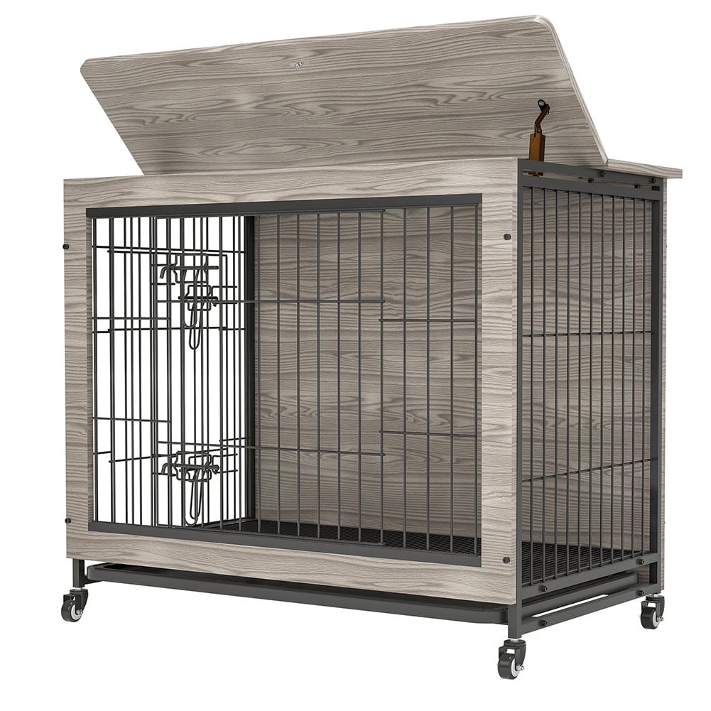 Kadyn 38 inch Wooden Dog House with Double Doors, Dog Crate Furniture, Heavy-Duty Dog Cage End Table with Multi-Purpose Removable Tray, Modern Dog Kennel Indoor for Dogs up to 70lb, Gray