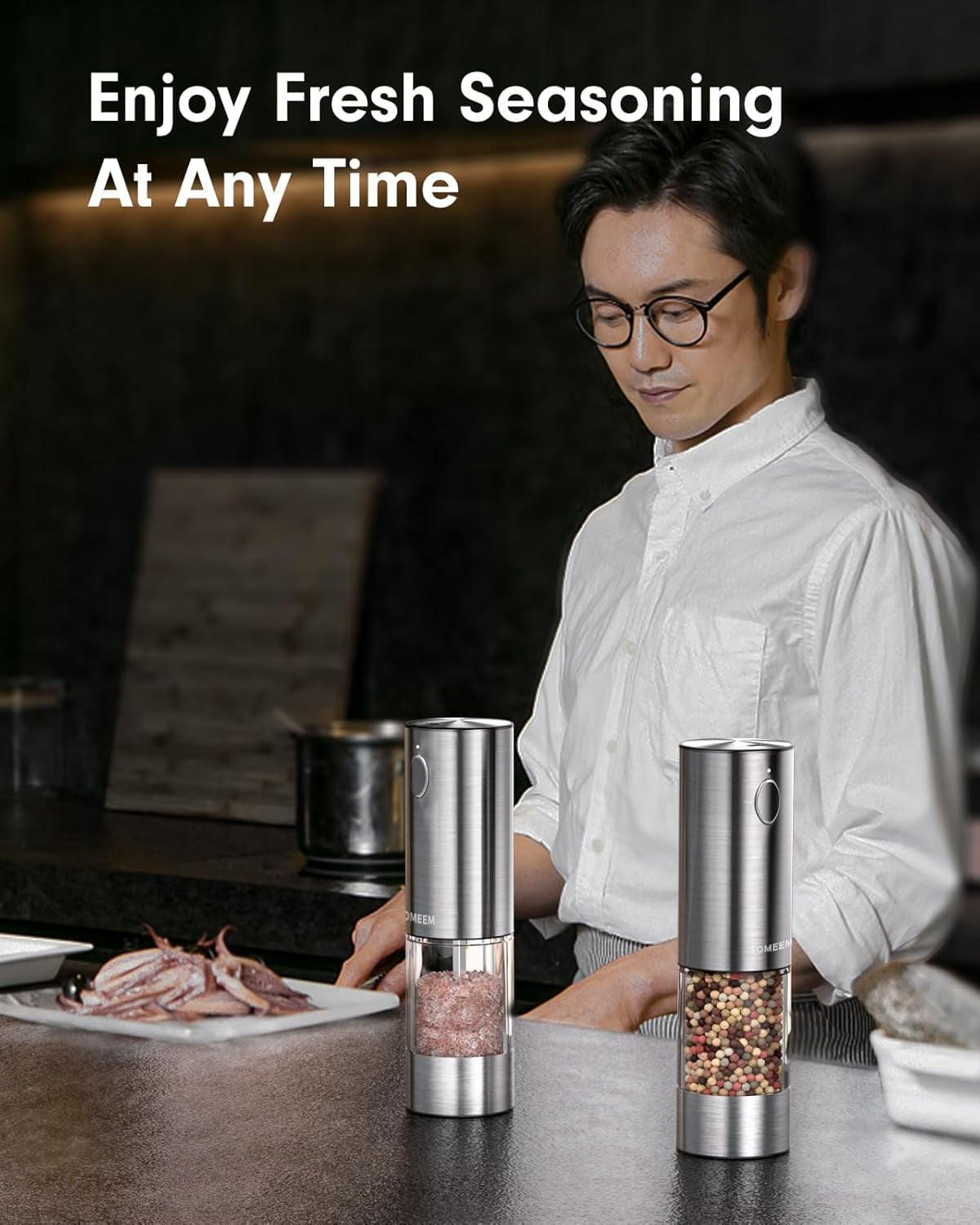 Tomeem Salt and Pepper Shaker Set with LED Lights and Salt Grinder Refillable with 6 Adjustable Coarseness Electric Salt and Pepper Grinder Set
