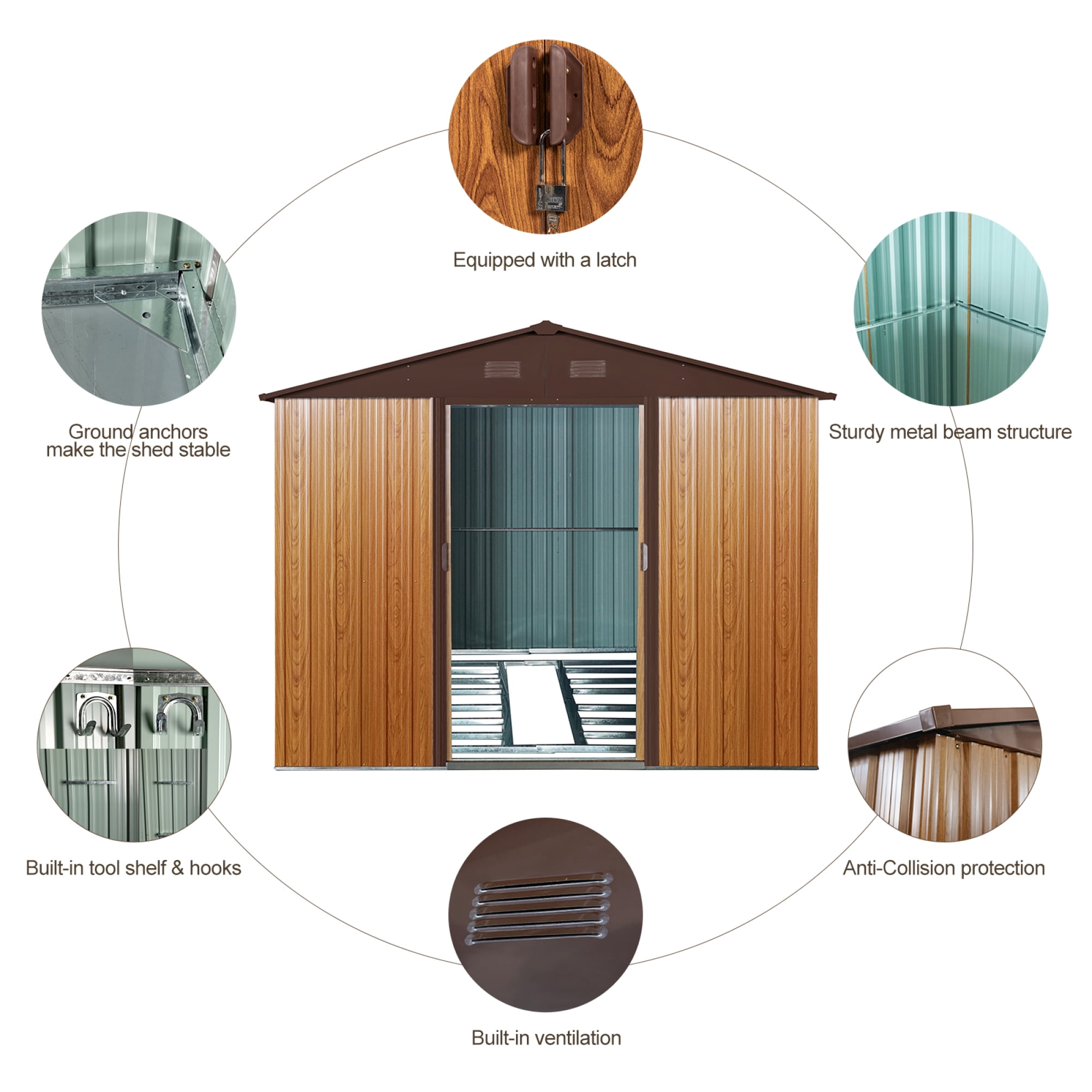 Jopath 8ft x 10ft Outdoor Metal Storage Shed with Metal Foundation for Backyard Lawn and Patio Furniture Coffee
