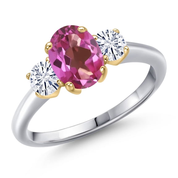 Gem Stone King 10K Two Tone Gold Pink Mystic Topaz and White Moissanite Engagement Ring for Women | 1.76 Cttw | Oval 8X6MM | Gemstone November Birthstone | Size 7