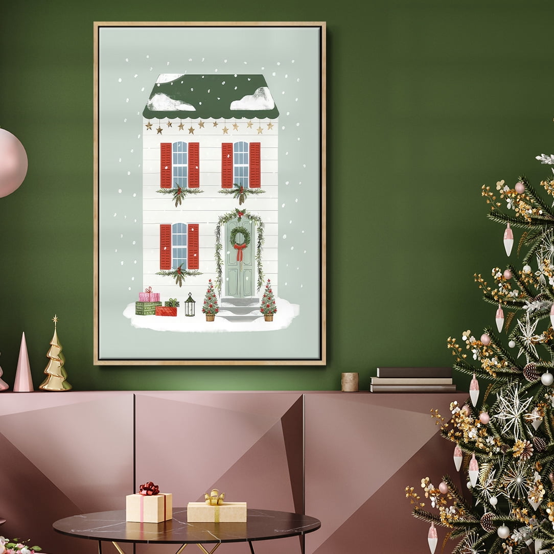Festive Front Door IV - Framed Gallery Wrapped Holiday Canvas - 27 x 41 - Natural Wood Frame