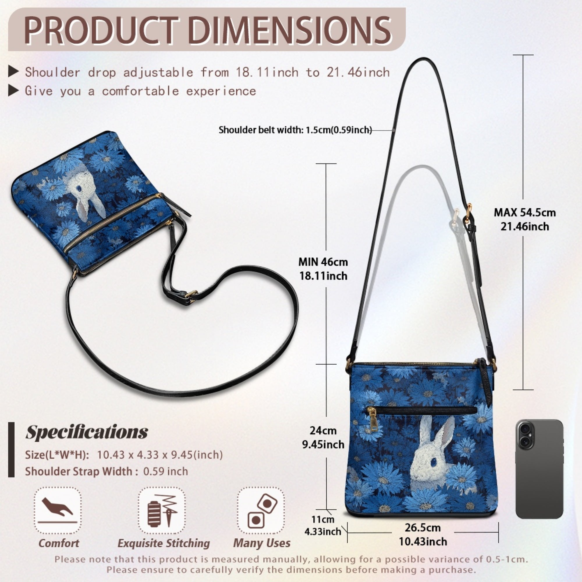 Kuiaobaty Rabbit Daisy Print Crossbody Bag for Women, Cute Sturdy PU Leather Shoulder Bag Crossbody with Adjustable Strap, Lightweight Messenger Handbag for Travel, Blue