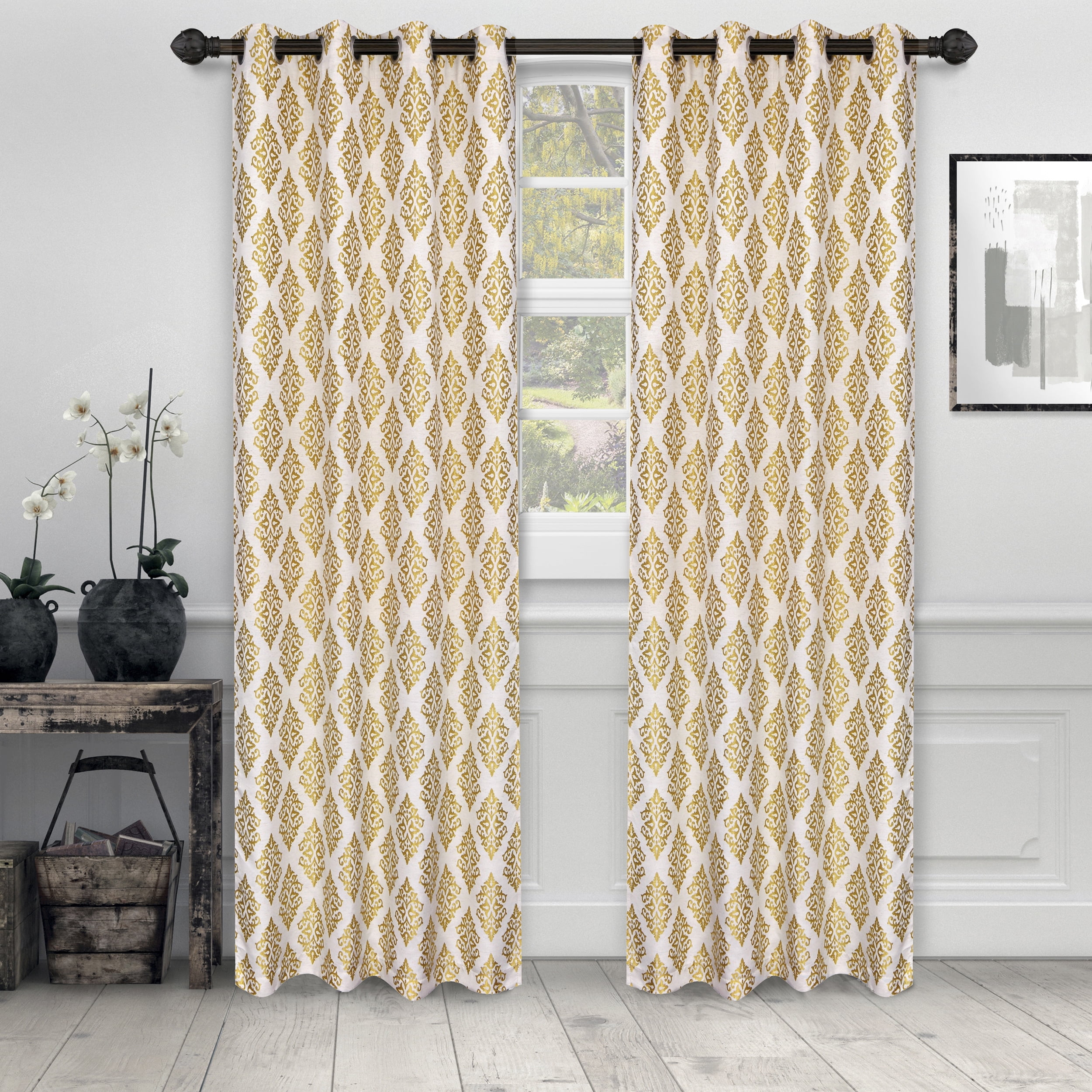 Jacquard Damask Gold Grommet 52x108 Curtain Panel Set by Blue Nile
