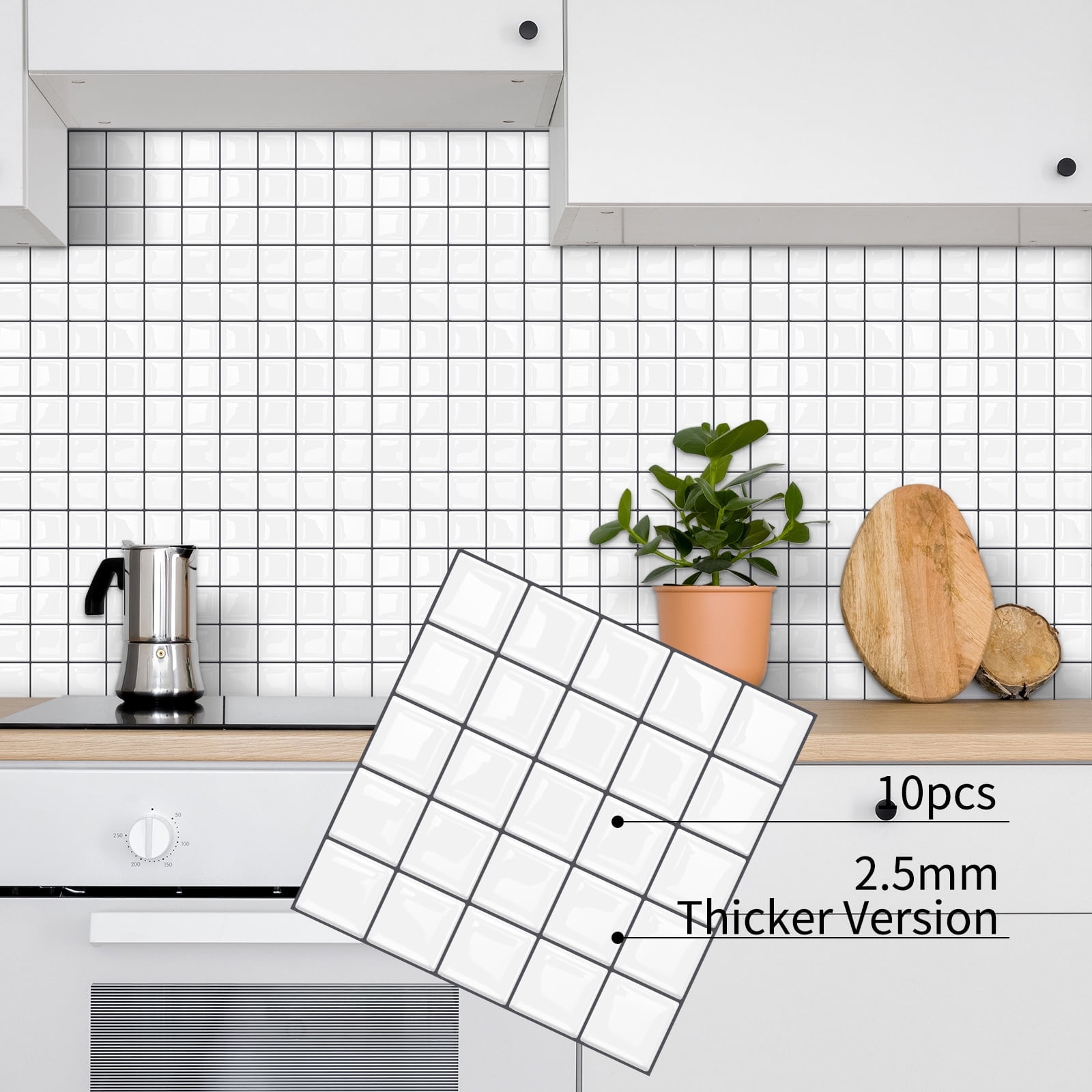 DEWOO Thick Square Kitchen Peel and Stick Backsplash Mosaic Tiles Square Self Adhesive Wall Tile Checkerboard Checkered Stickers,White (10-Sheet,12"x12")