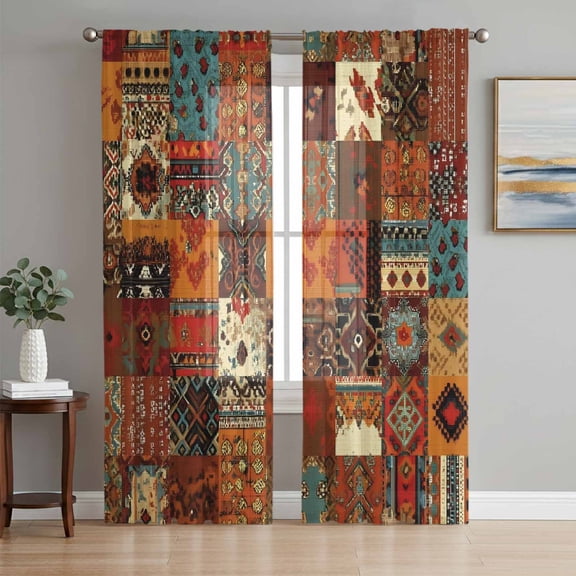 Boho Vintage Sheer Curtains 84 Inch Length 2 Panels Set, Brown Ethnic Middle Century Geometric Voile Window Treatment Rod Pocket Curtains Sheers Drapes for Bedroom/Living Room/Kitchen 52"x84"x2