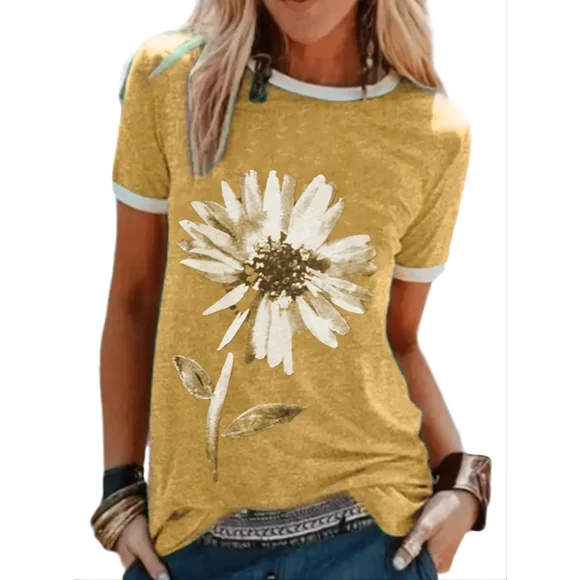 Floral Print Crew Neck T-shirt Loose Casual Short Sleeve Fashion Summer T-Shirts Tops Women‘s Clothing