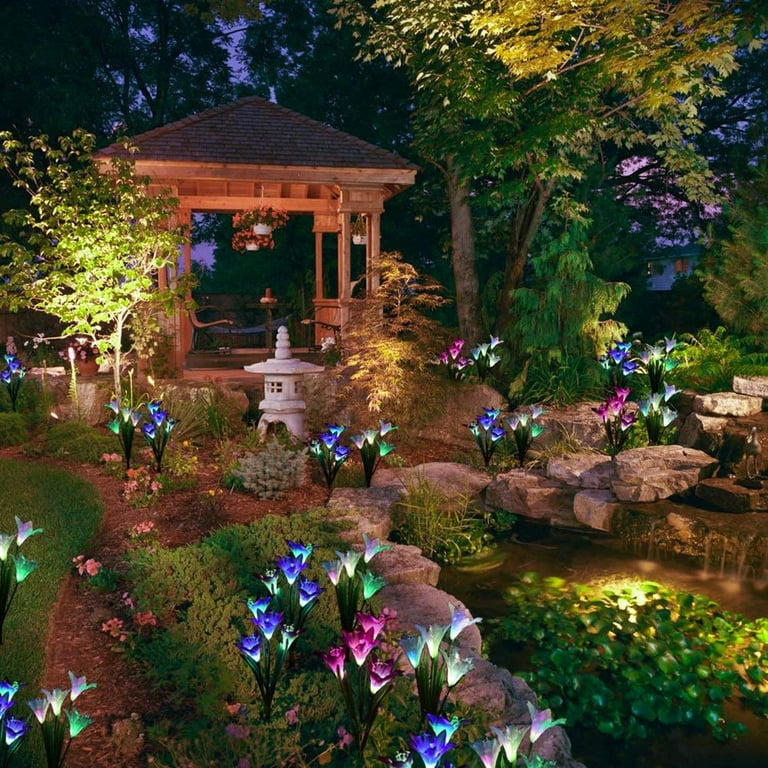 Outdoor Solar Garden Stake Lights - 2 Pack Solite Solar Powered Lights with 8 Lily Flower, Multi-color Changing LED Solar Stake Lights for Garden, Patio, Backyard (Purple and White) Outdoor Solar Garden Stake Lights - 2 Pack Solite Solar Powered Lights with 8 Lily Flower, Multi-color Changing LED Solar Stake Lights for Garden, Patio, Backyard (Purple and White)