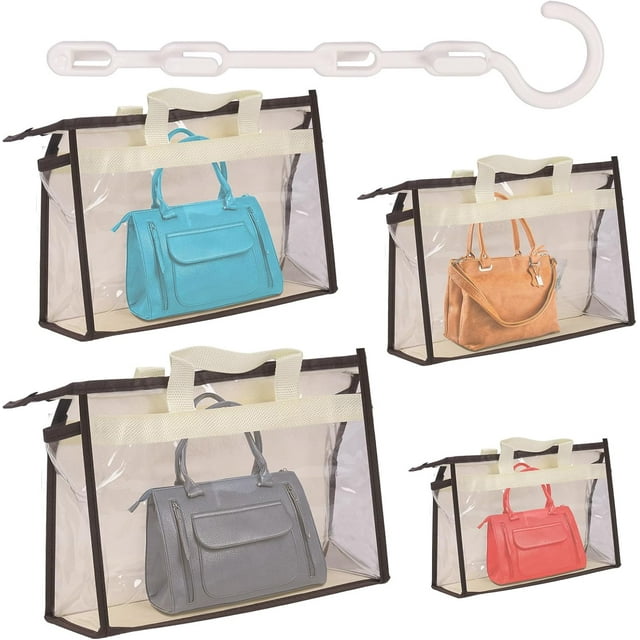 shiyou-5Pcs 4 Sizes S/M/L/XL Clear Dust Handbags, Transparent Waterproof Non-woven Storage Bag, Moistureproof Purse Protector Dust Bags with Zipper and Handle 12'' Magic Hanger for Closet Shelf, Beig