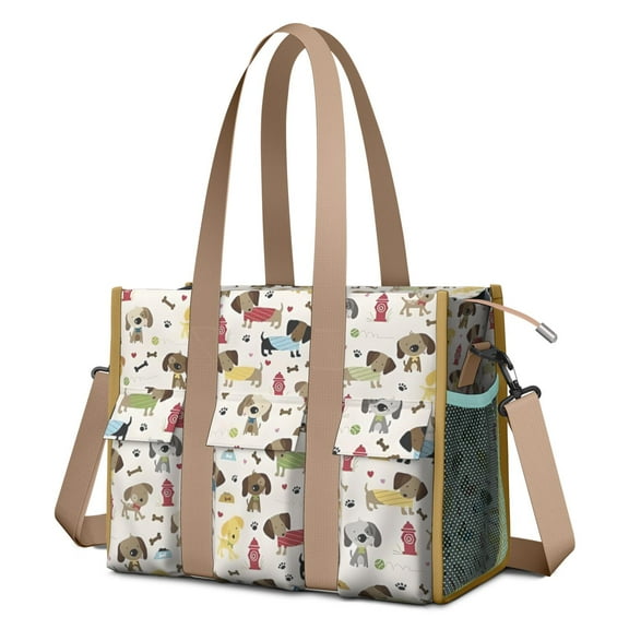 Teacher Tote Bag,Rover Cream Dogs Bone Teacher Utility Tote Bag,Large Work Tote Bags for Women with Multiple Pockets,Top Zipper Closure,13.8x10.6x6.7 Inch