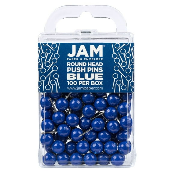JAM Paper Push Pins, Round Head Map Tacks, 1 inch, Blue, 100/Pack
